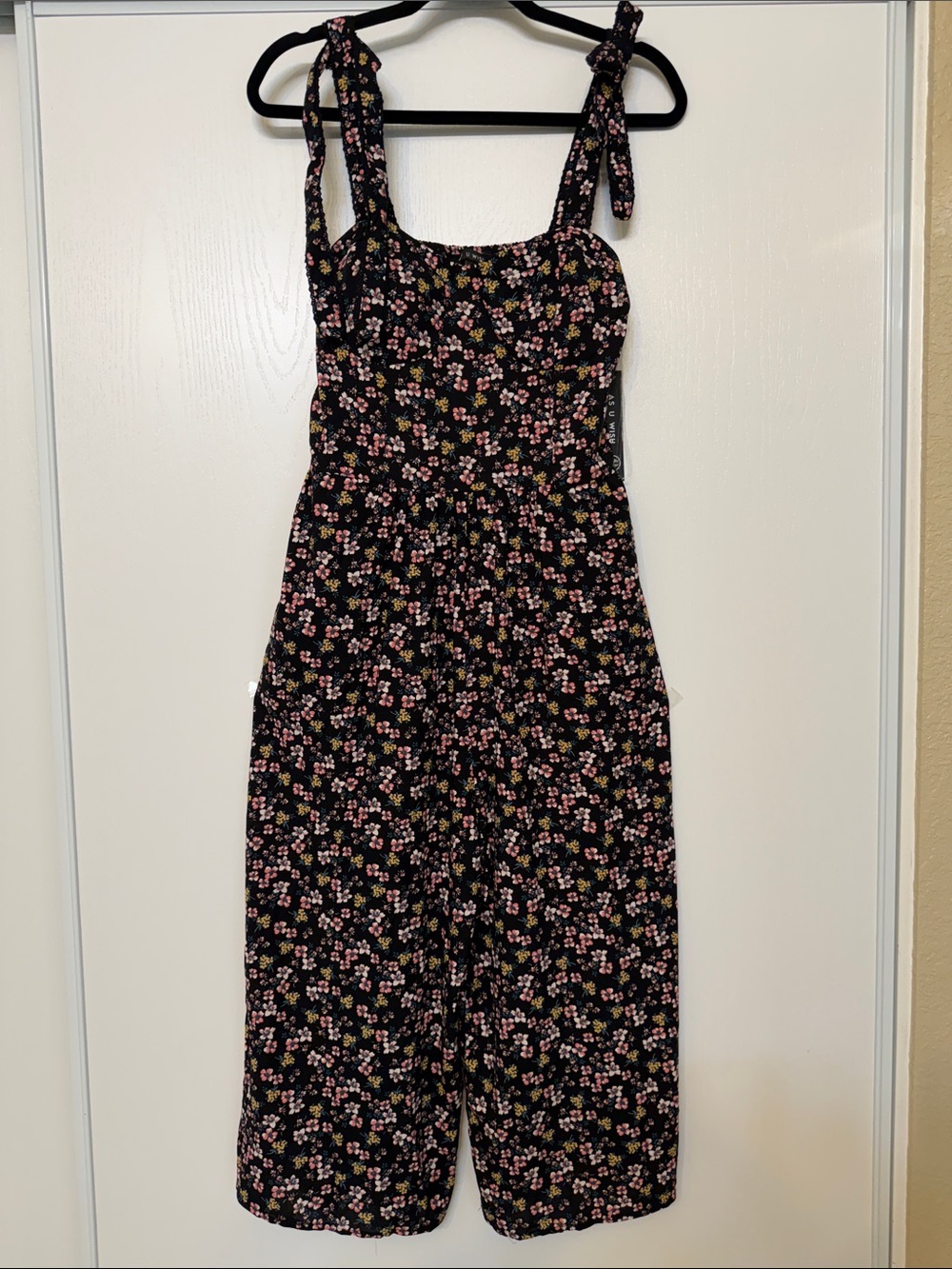 As U Wish Black Floral Tie-Strap capri jumpsuit with Pockets